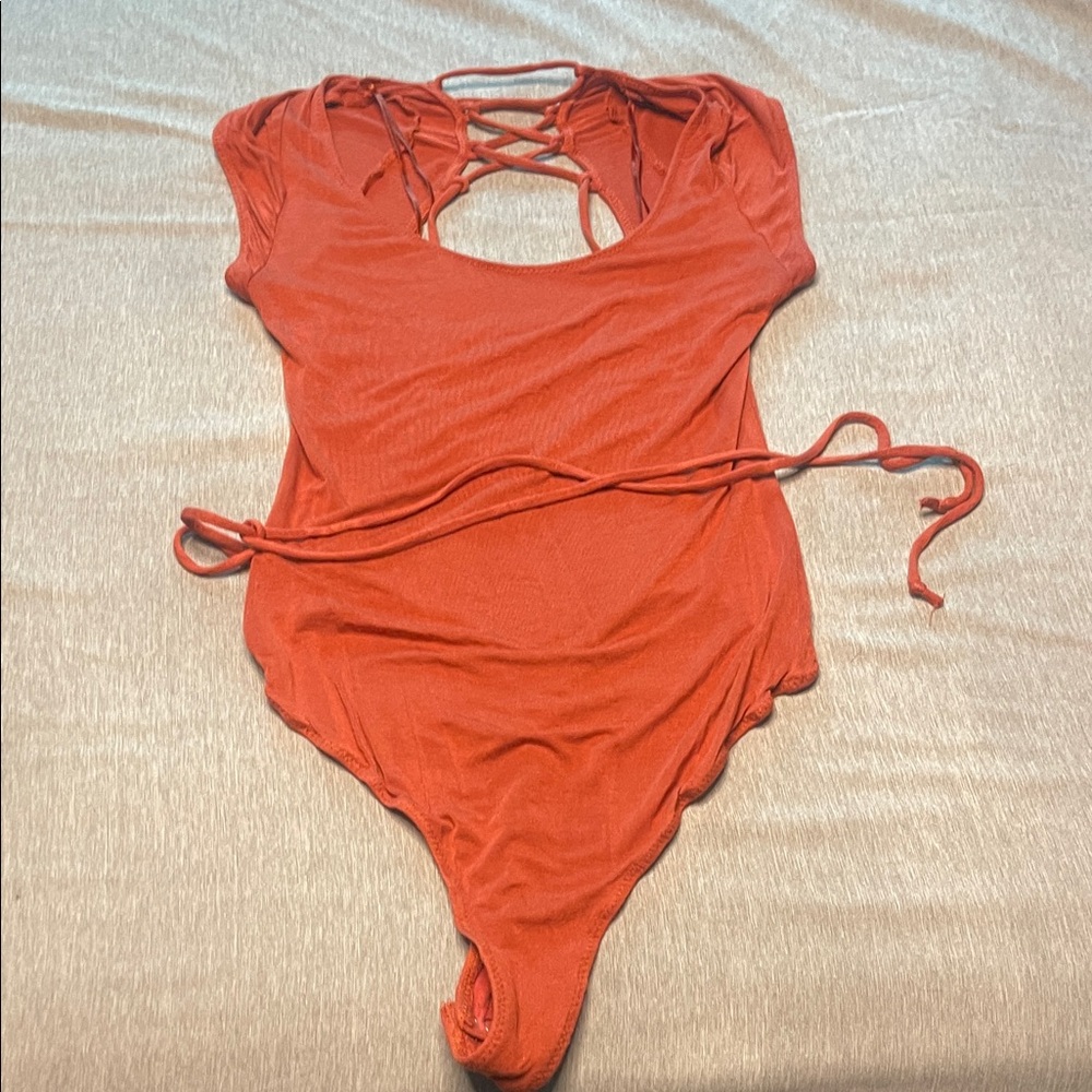 Free People Rust Bodysuit with Lace-Up Detail